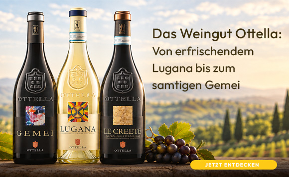 Drei Weinflaschen mit Etiketten vor einer Landschaft mit Weinreben und Hügeln, daneben eine Traube und der Text 'Das Weingut Ottella: Von erfrischendem Lugana bis zum samtigen Gemei'