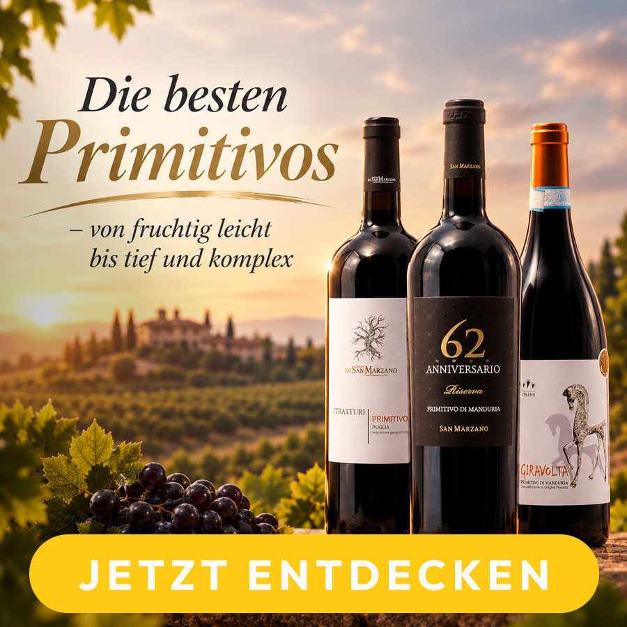 Drei Flaschen Primitivo-Wein vor einer Weinberglandschaft mit Trauben im Vordergrund und dem Text 'Die besten Primitivos – von fruchtig leicht bis tief und komplex' sowie einem gelben Button mit 'JETZT ENTDECKEN'