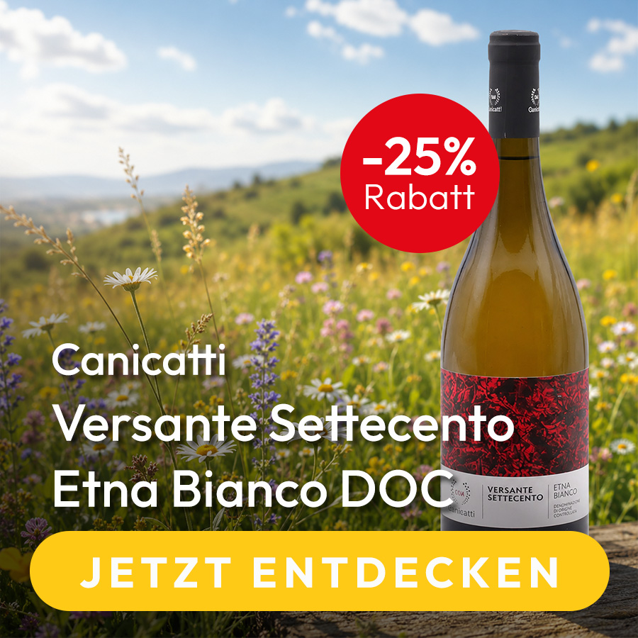 Flasche Wein Canicatti Versante Settecento Etna Bianco mit dem Hinweis -25% Rabatt vor einer Blumenwiese und dem Button Jetzt entdecken